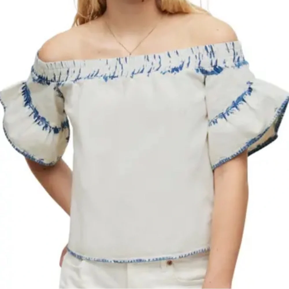 All Saints Adela Off the Shoulder Cotton Denim Top Womens US 12 Bleach White NWT